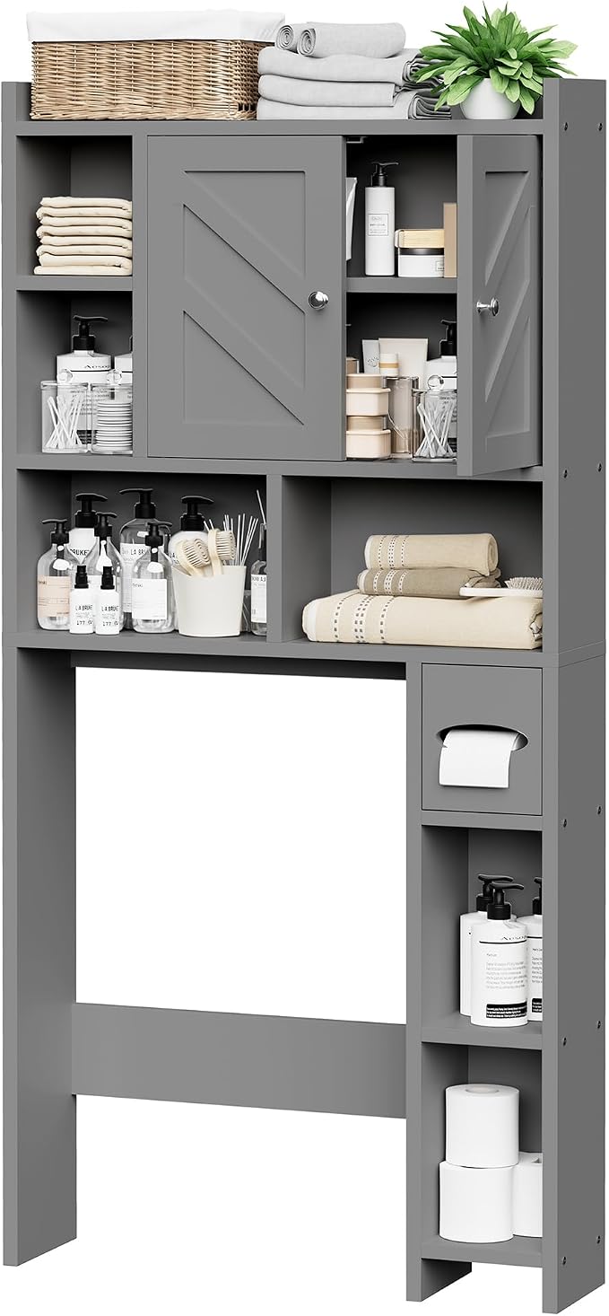 Over the Toilet Storage Cabinet, Freestanding Farmhouse Storage Cabinet Over Toilet, Bathroom Organizer with Paper Holder Stand and Adjustable Shelf, Grey