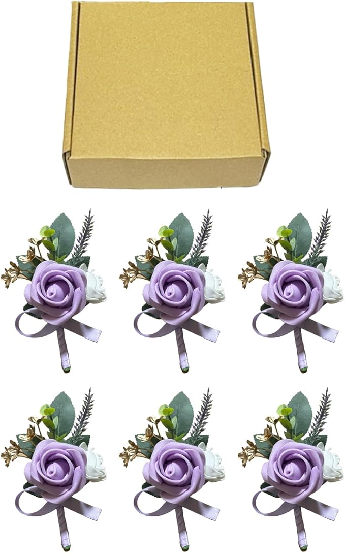 6PCS Purple Lavender Boutonniere for Men, Lilac Boutonniere Pins for Men Groomsmen Guest Boutonniere, Artificial Flowers for Wedding Decor Prom Homecoming