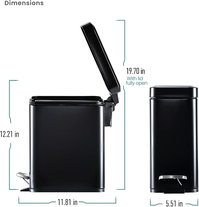 Home Zone Living 2-Pack 1.3 Gallon Small Black Bathroom Trash Can with Lid and Step Pedal, Stainless Steel Wastebasket with Slim Design for Home and Office, 5 Liters