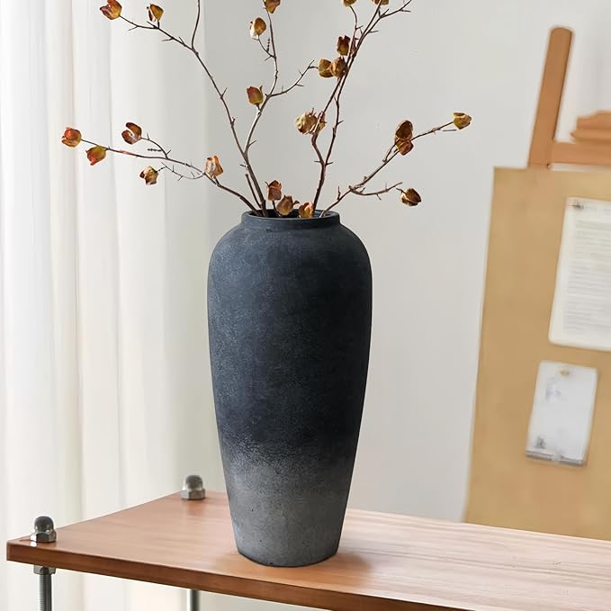 15 Inch Rustic Ceramic Vase, Black Flower Vase for Centerpieces, Farmhouse Decor for Living Room, Entryway & Kitchen, Vintage Pottery Vase for Wedding Gifts