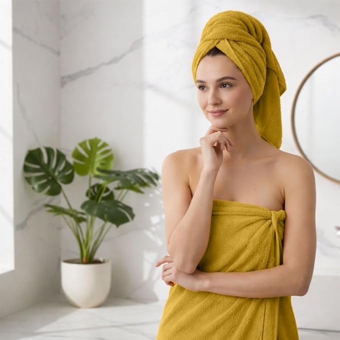 8 Piece Bath Towels for Bathroom - 100% Cotton, Soft Absorbent Bathroom Towels Set - 2 Extra Large Bath Towels, 2 Hand Towels & 4 Washcloths - Hotel Spa Thick Plush Towel, Mustard