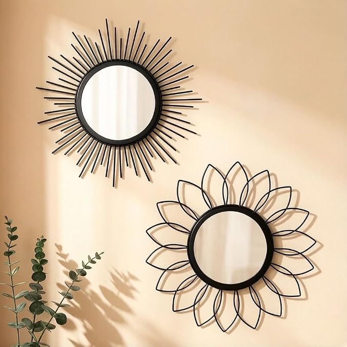 Gold Mirrors for Wall - Metal Sunburst Wall Mirror Room Decor & Home Decor, Boho Mirror Wall Decor Gifts for Women & Moms (Flower-Black, Small)