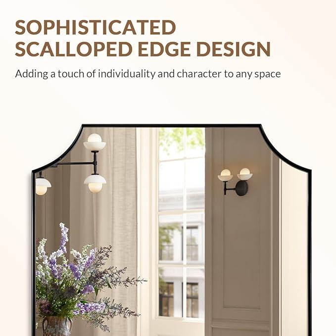 ANDY STAR 20"x30" Bathroom Mirror, Matte Black Vanity Mirror, Scalloped Rectangle Mirror in Premium Stainless Steel Frame, Scalloped Corners Design, Compact Size Ideal for Small Bathroom Remodel