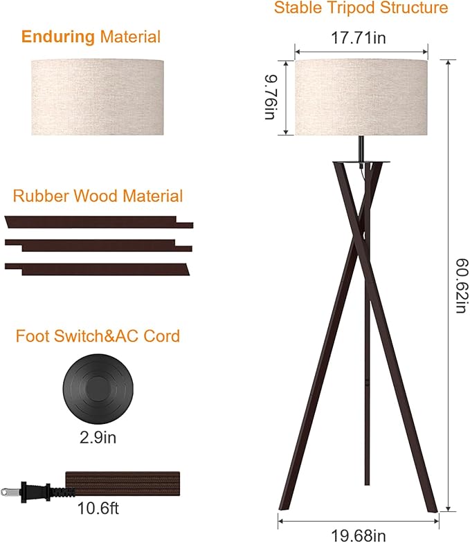 LEPOWER Tripod Floor Lamp, Mid Century Wood Floor Lamp with Flaxen Lamp Shade and E26 Lamp Base for Living Room, Bedroom and Office