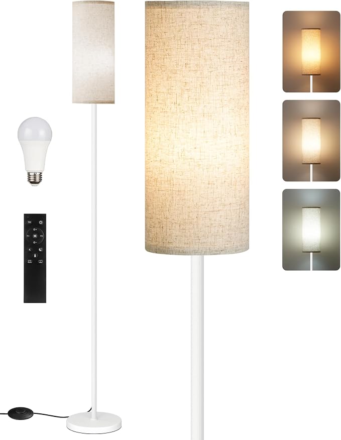 Dimmable Floor Lamps for Living Room with Remote and Foot Switch, 64.4” Modern Standing Tall Lamp, Corner Lamp for Bedroom, Office, Bulb Included, 3000K-6500K, Beige and White, FCC Listed WE06LD05W1