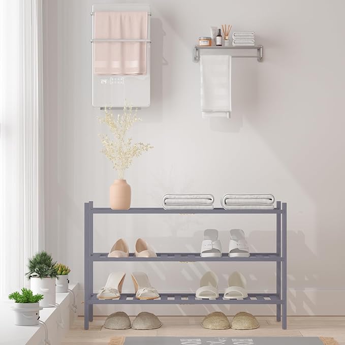 RONGJlA 2 Tier Bamboo Shoe Rack for Closet Free Standing Wood Shoe Shelf Storage Organizer for Entryway Small Space Stackable, Grey