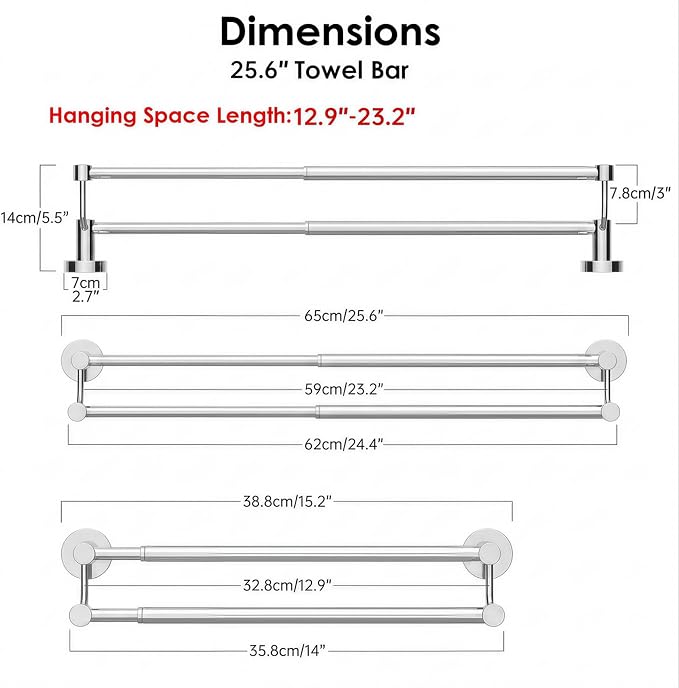 BESy Adjustable 16-26 Inches Double Bath Towel Bar for Bathroom SUS304 Stainless Steel Towel Holder, Hotel Style Wall Mount with Screws Hand Towel Bar Towel Rack Rod Hanger, Polished Chrome Finish