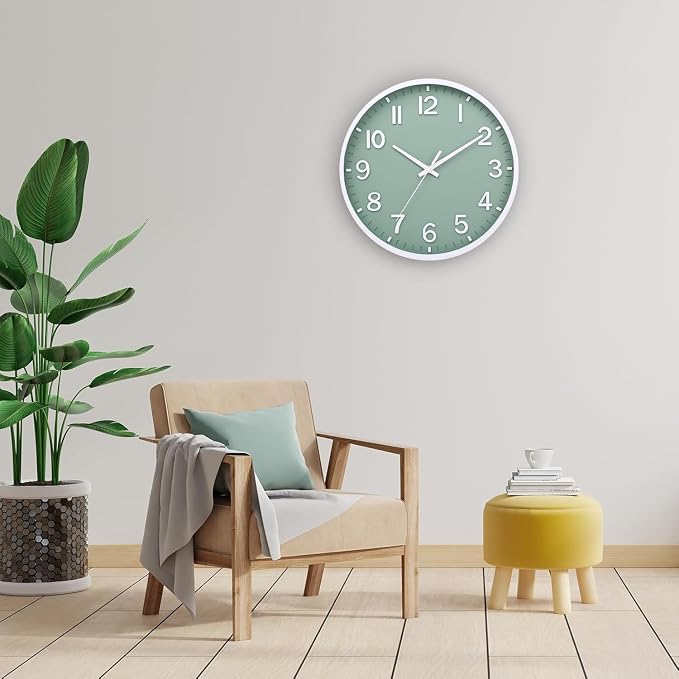 Wall Clocks Battery Operated 10 inch Modern Wall Clock,Silent Non Ticking Wall Clock for Living Room Bedroom Kitchen Office Classroom Decor (Green White)