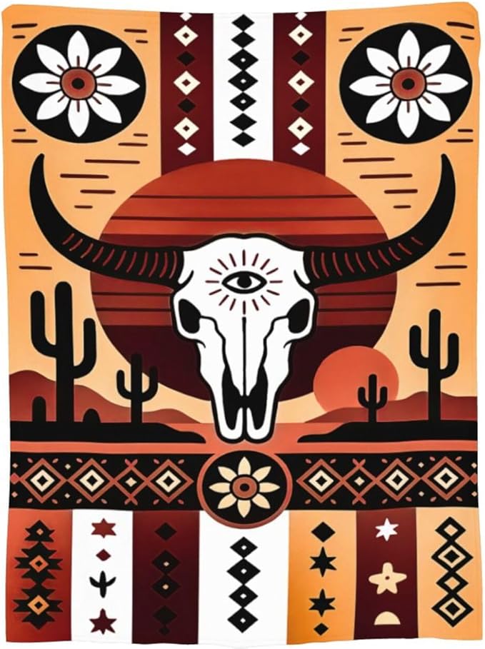 Western Boho Bull Skull Blanket Southwest Aztec Tribal Southwestern Navajo Throw Blanket Soft Cozy Fleece Fuzzy Stuffed Plush Flannel Gifts for Girls Women Boys Kids Adults 50''x60''