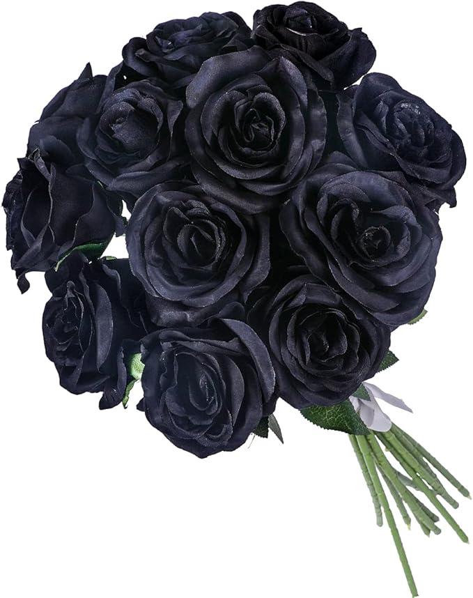 Kisflower 12PCS Black Roses Artificial Flowers Fake Roses Glitter, Silk Roses with Stems Realistic for Halloween Decorations Wedding Party Office Home Decor (Black)
