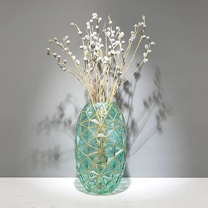 Hand Painted Gold and Green Diamond Shaped Glass Crystal Vase 13.6 inch Tall (Hand Painted Gold and Green)