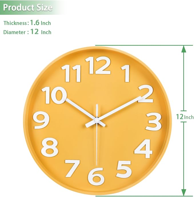 45MinST 12-Inch Modern Yellow Indoor/Outdoor Wall Clock, Silent Non-Ticking, Large Numbers, Accurate Timekeeping, Perfect Decorative Accent for Home or Office (Yellow)
