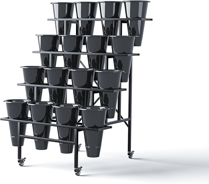 Zhongma 4 Tier Metal Flower Display Stand with 16pcs Plastic Buckets for Fresh Flowers Heavy Duty Garden Cart Moving Flower Bucket Stand with Wheels