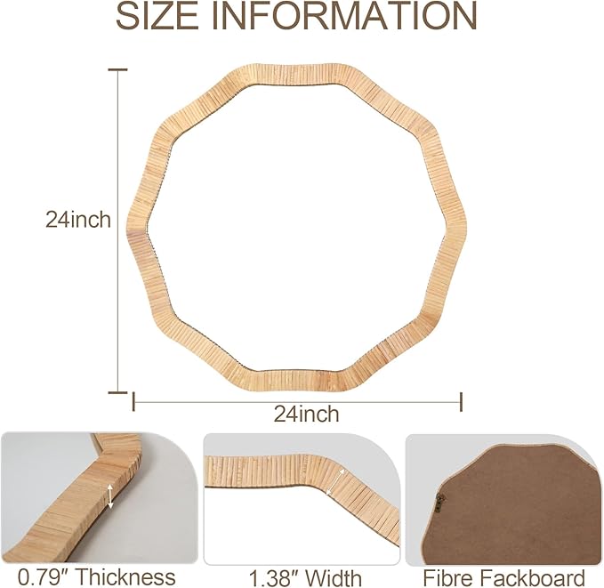 ULIKE Rattan Wicker Mirror for Bathroom, 24 Inch Boho Woven Decorative for Wall, Rustic Farmhouse Vanity Mirror, Geometric Rattan Mirrors for Living Room Entryway Bathroom Bedroom
