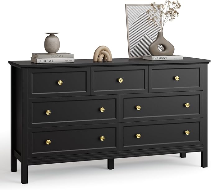 Black Dresser for Bedroom with Gold Handle Modern 7 Drawer Dresser, Wood Chest of Drawer Closet Clothes Storage Organizer for Living Room, Hallway, TV Stand, 55 Inch