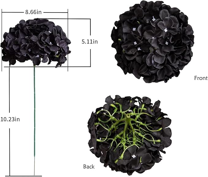 DuHouse 8.7" Artificial Hydrangea Silk Flower Heads with Stem Fake Black Hydrangeas Flowers for DIY Wedding Centerpiece Home Decor Pack of 6 (Black)