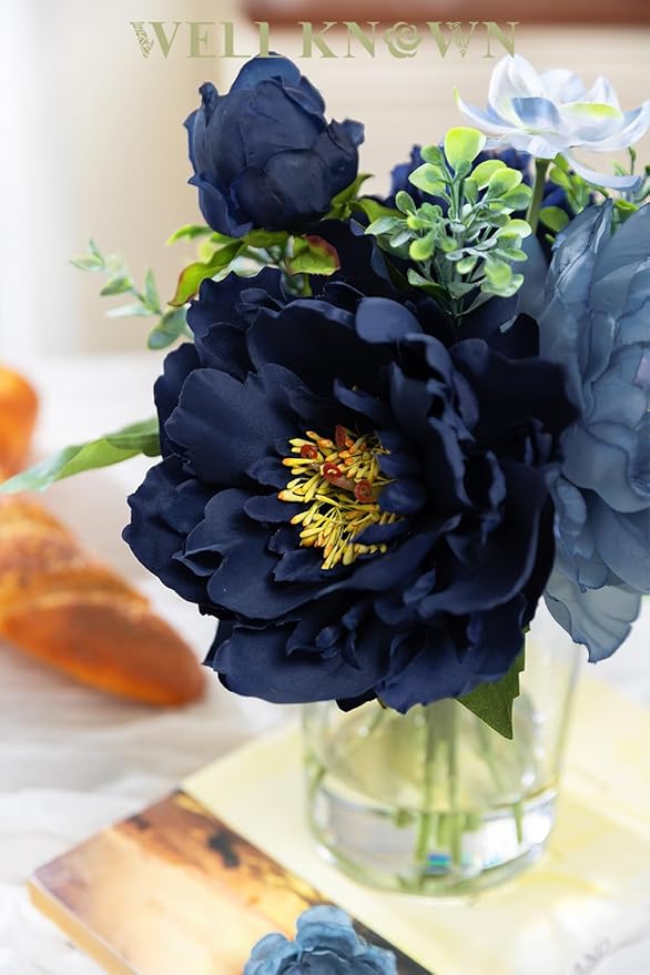 WELL KNOWN Artificial Flowers in Glass Vase with Fake Water, Silk Peony Flower Bouquet for Home Dinning Tea Table, Office Desktop, Hotel, Wedding, Party, Lavatory Decor & Gift (Navy Blue & Light Blue)