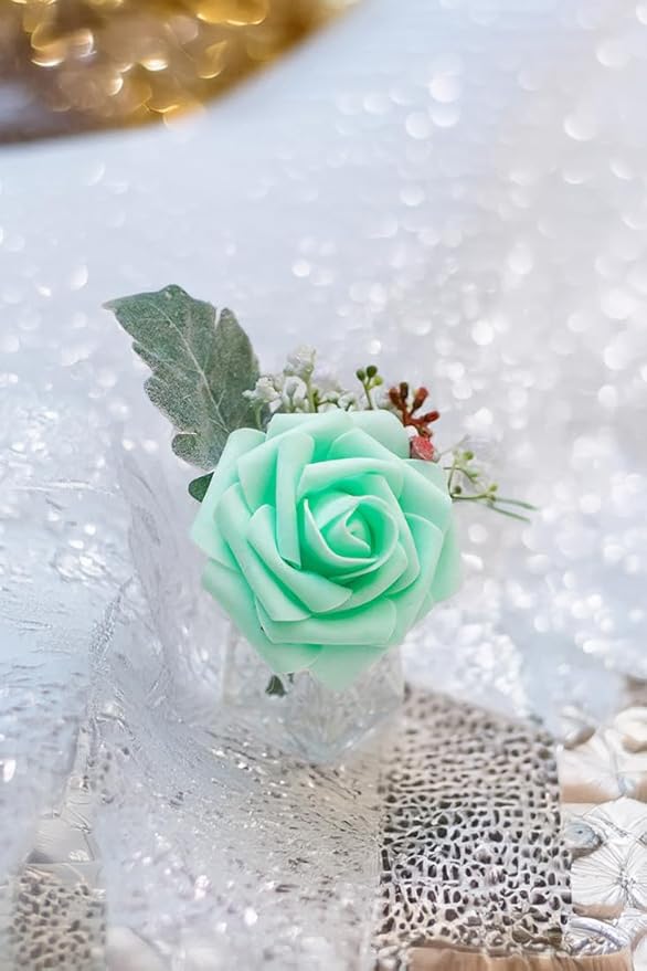 Light Green Artificial Roses 25pcs, Real Looking Fake Foam Flowers with Stems for DIY Wedding Bouquets, Baby Shower, Centerpieces, Spring Party, Home Decor