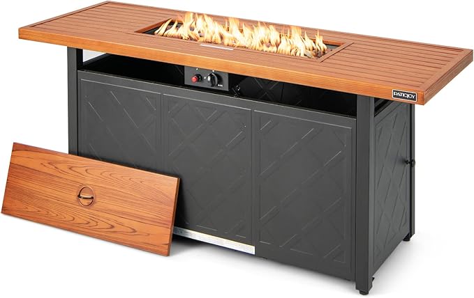 ORALNER Propane Fire Pit Table, 57” Rectangular Outdoor Fire Table 50,000 BTU Fire Pit w/Lid & Lava Rocks Auto Ignition Metal Patio Fireplace, Gas Firepit Table for Outside Yard Balcony Deck, Brown