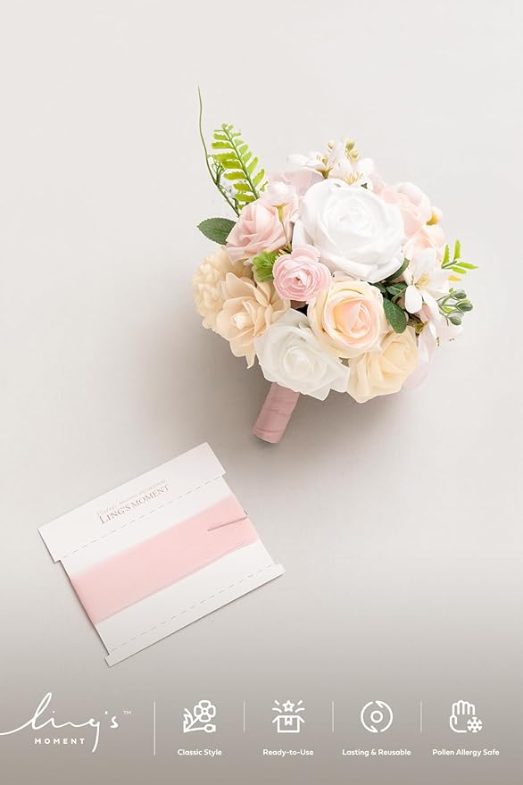 Ling's moment Blush Pink & White Bridesmaid Bouquet, Wedding Bouquets for Bridesmaids, 7 Inch Bridal Bouquets for Bridesmaids, Wedding, Ceremony, Anniversary, etc.