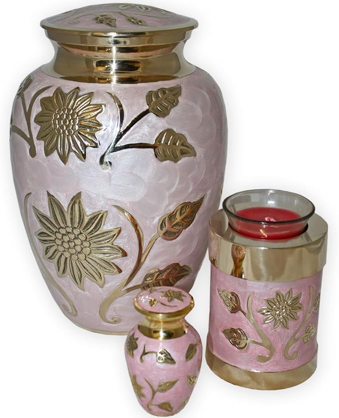 Pink Garden Brass Tealight Cremation Urn | Unique Brass Funeral Urn with Gold & Pink Enamel Details | Tealight