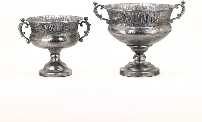 Set of Metal Urn Vase Planters in Antique Finish and Classical Vintage Designs (Pomona Silver)