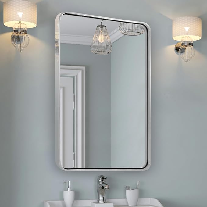 ANDY STAR 24x30'' Chrome Mirrors for Bathroom Sink, Rounded Rectangle Bathroom Vanity Mirror in 1'' Rustproof Seamless Tube Metal Frame, Wall-Mounted Horizontal/Vertical for Home Remodel, Over Sinks