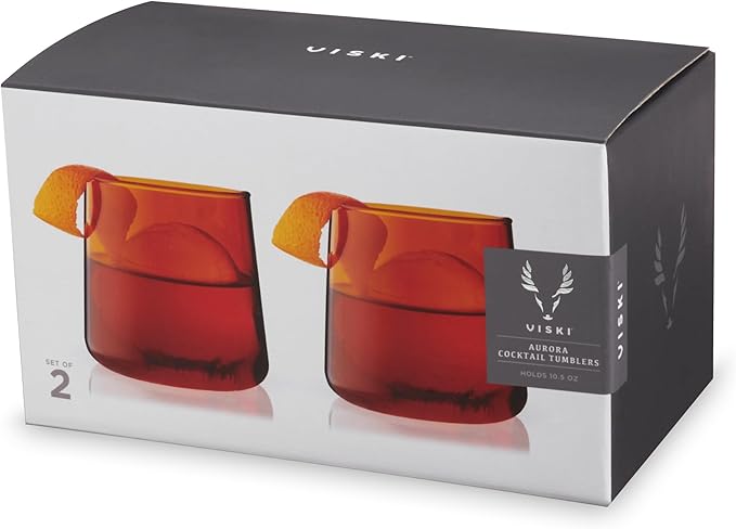 Viski Aurora Wine Glasses, Elegant Amber Colored Cocktail Tumblers, Stylish Glassware for Red and White Wines, Perfect for Hosting, Housewarming, Birthday, Home Bar Accessories, 10.5 oz, Set of 2