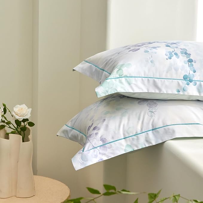 VM VOUGEMARKET Green Purple Duvet Cover Set Queen,3 Pieces Branch Leaves Duvet Cover with 2 Pillow Shams 100% Cotton Botanical Bedding Set-Queen,90x90 Inch