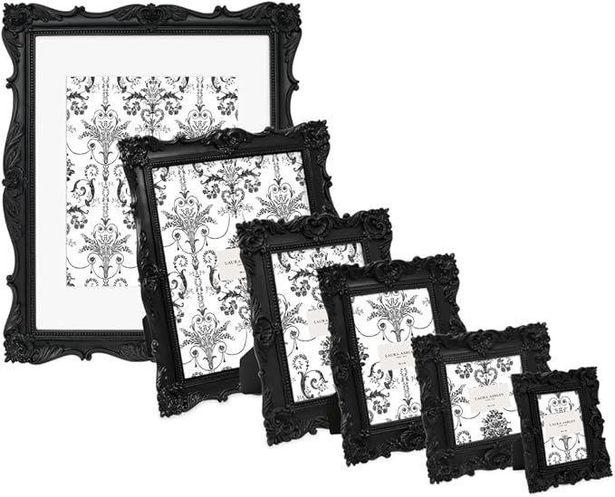 Laura Ashley 11x14 Black Ornate Textured Hand-Crafted Resin Picture Frame, Wall Mount, Decorative Floral Design Home Décor, Photo Gallery, Art, More (Black, 11x14 (Matted 8x10))