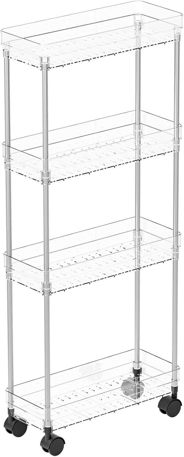Yieach Clear 4-Tier Slim Rolling Storage Cart - 6.3" Wide Thin Shelves for Small Spaces | Bathroom & Laundry Use