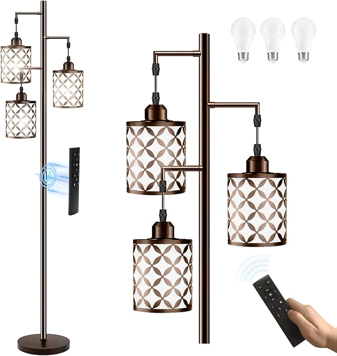 Dimmable Floor Lamp, Farmhouse Standing Lamp with Elegant Metal Cage, Industrial Tall Tree Floor Lamps for Living Room, Bedroom, Study Room, Office, 3 x 800LM LED Bulbs Included, 72", Brown