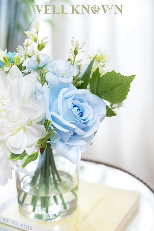 WELL KNOWN Artificial Flowers in Glass Vase with Fake Water, Silk Rose Dahlia Flower Bouquet for Home Dinning Tea Table, Office Desktop, Hotel, Wedding, Party, Lavatory Decor & Gift (Blue & White)