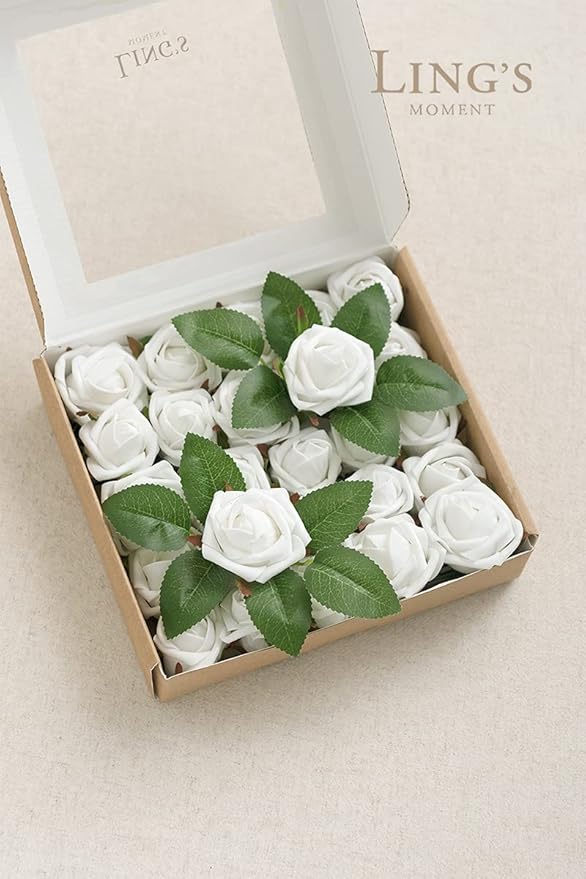 Ling's moment 1.5/2 inch Artificial Rose White Buds and Petite Roses w/Stem Pack of 25 for DIY Wedding Boutonniere Corsages Bouquets Centerpieces Decorations