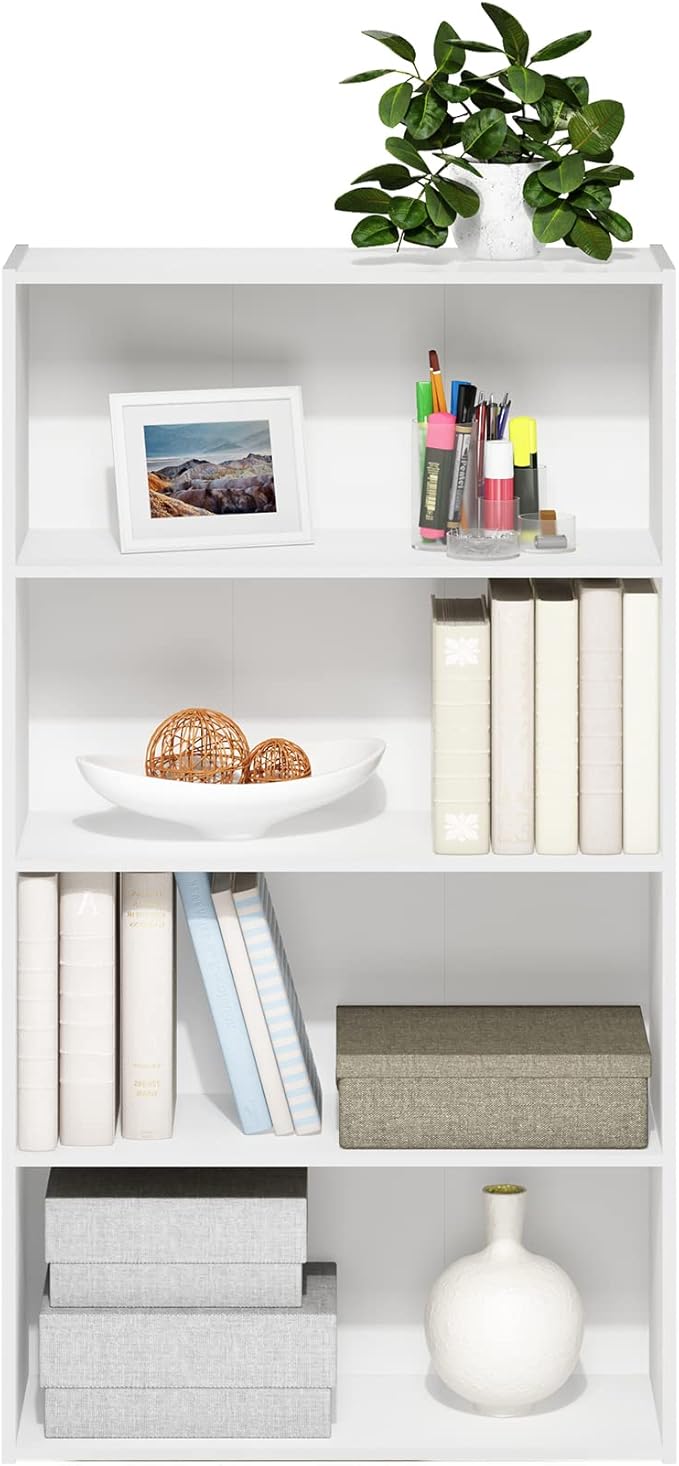Furinno PASIR Book Shelf, 4-Tier Bookshelf, Bookcase with Open Shelf, 9.4 x 23.6 x 41.7, for Living Room, Bedroom, Home Office, White