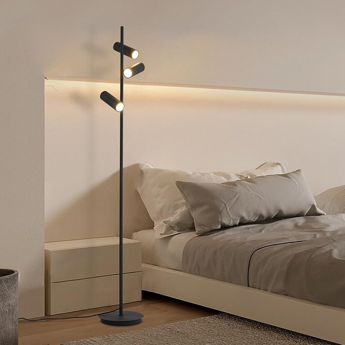 KCO Lighting Matte Black Tree Floor Lamp with 3 Adjustable Rotating Lights Mid Century Modern Bright Floor Lamps Tall Reading Lamps Floor Standing Industrial Vintage Standing Lamp