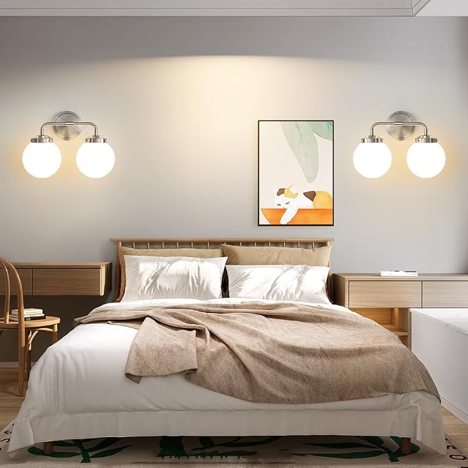 Bathroom Light Fixtures Over Mirror, Brushed Nickel Modern Vanity Lighting with Milk White Glass Globe Shades 2-Light Farmhouse Wall Sconce