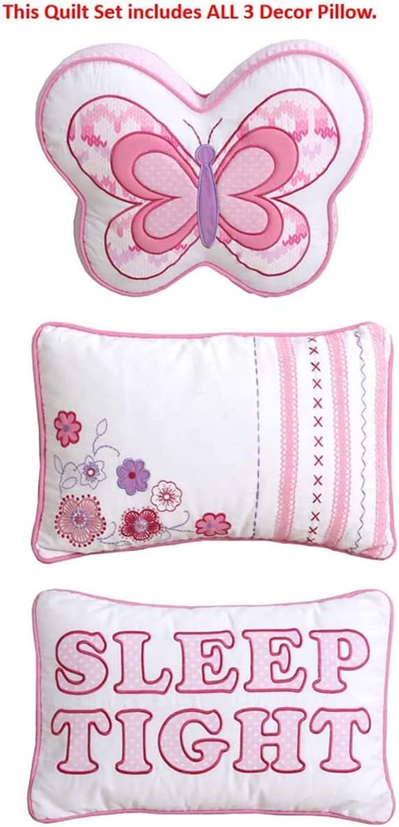 Cozy Line Home Fashions Pink Butterfly Knit 100% Cotton Reversible Quilt Bedding Set, Coverlet, Bedspreads (Queen - 6 Piece: 1 Quilt + 2 Standard Shams + 3 Decorative Pillows)