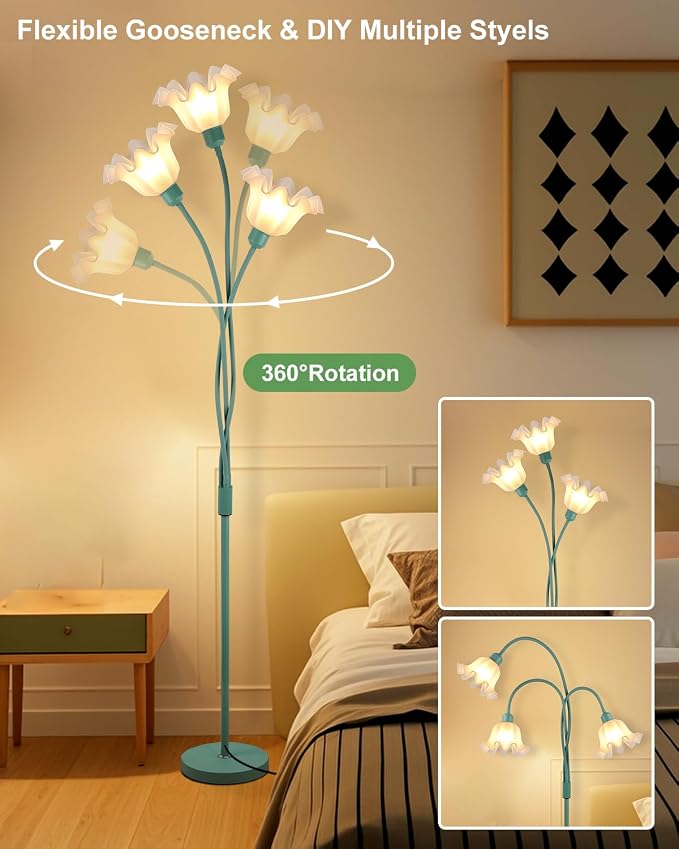 Flower Floor Lamp for Living Room, Modern Tree Floor Lamp with Adjustable Heads, 3 Light 3000K Soft Warmwhite Mid Century Standing Tall Lamp with 5Lbs Heavy Base for Bedroom Kids Room-Green