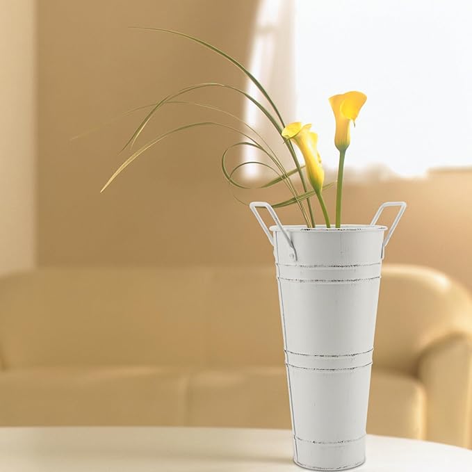HOIGON 8 PCS Galvanized Metal Flower Vases, 9 Inch Rustic Farmhouse French Bucket with Handles,Metal Flower Holder for Weeding, Table, Home Decoration, White