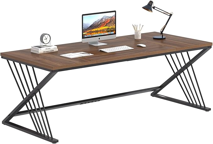 FOLUBAN 70.9" Computer Desk with Z-Shaped Legs, Large PC Desk for Home Office, Industrial Writing Desk, 2 Person Executive Workstation Study Table for Bedroom, Rustic Walnut