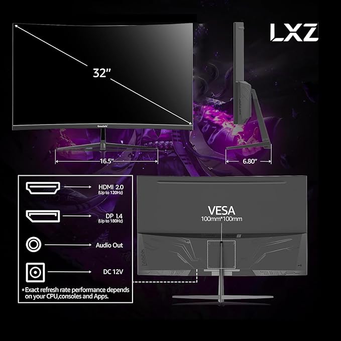LXZ 32 Inch Curved Gaming Monitor, 165Hz 1800R QHD (2560x1440) 2K Computer Monitor with FreeSync, DP/HDMI, 122% sRGB Coverage, Wall Mountable, Eye Care for Home Office & Gaming