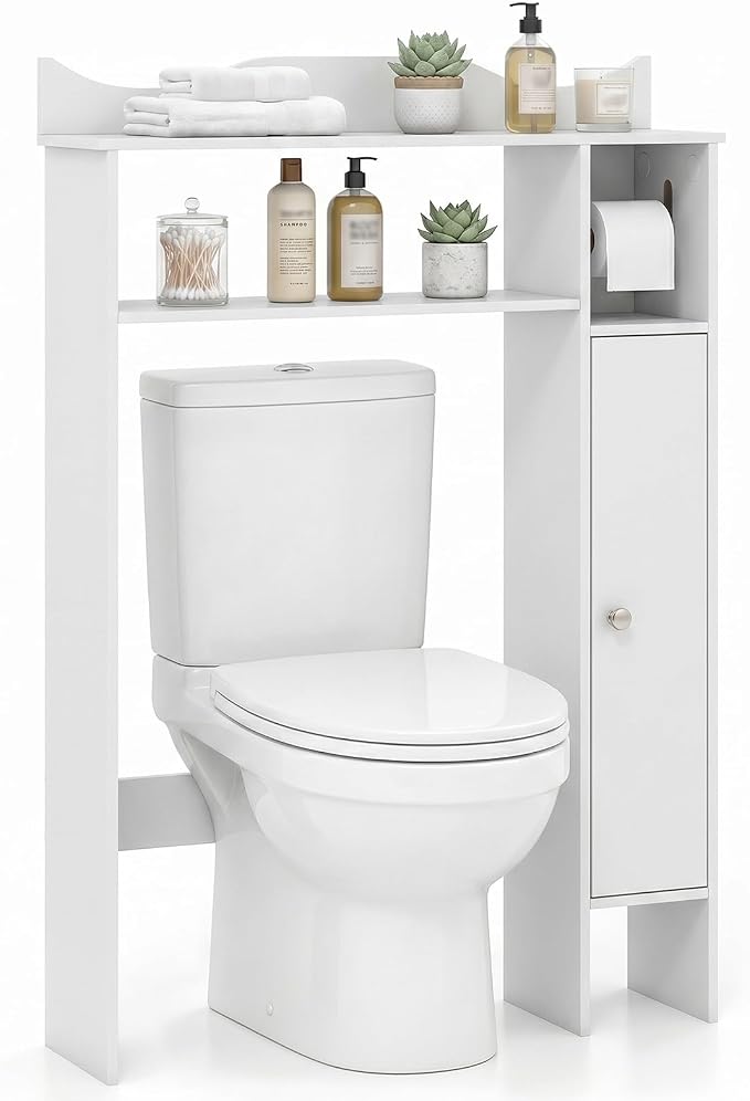 Tangkula Over The Toilet Storage Cabinet, Bathroom Above Toilet Cabinet with Toilet Paper Holder, Adjustable Shelves, Freestanding Space Saver, Bathroom Cabinet Organizer for Restroom, Laundry (White)