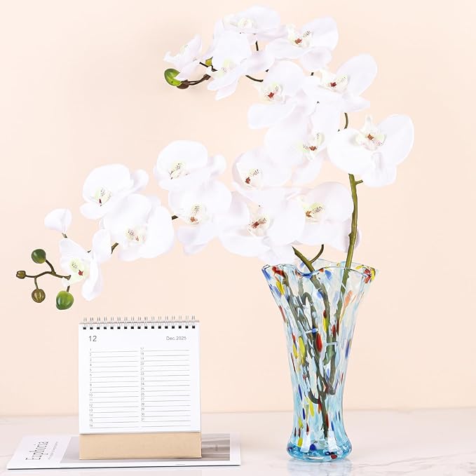 9.0" H Aqua Glass Vases for Flowers, Unique Hand Blown Glass Vase Aqua Home Decor, Wide Mouth Colorful Flower Vase Centerpieces, for Living Room Table Bookshelf, Bathroom Office Shelf Decorative