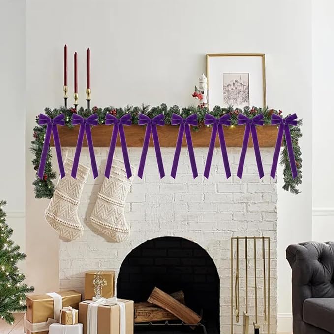 JOICEE 15Pcs Velvet Bows Christmas Tree Decorations, 5 x 12 Inch Wreath Bows Rustic Crafts Gift Ribbon Bow for Xmas Tree Topper Garland Fireplace Mantel Staircase Wedding Home Decor(Purple)