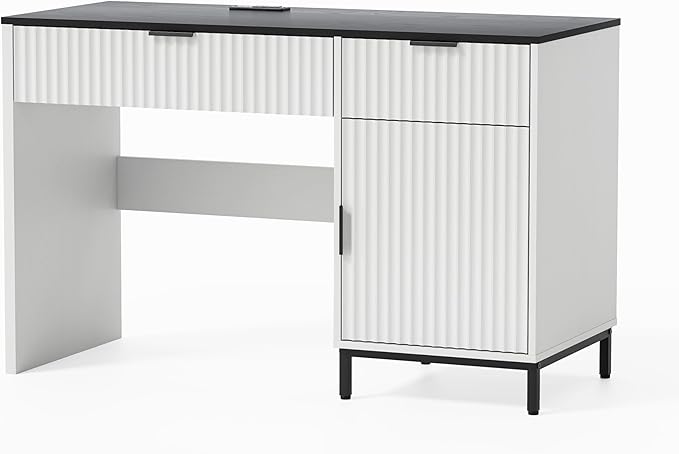 47" Fluted Executive Desk, Modern Wood Home Office Desk with Charging Station, Drawer & Cabinet, Computer Writing Desk for Work Study, White and Black