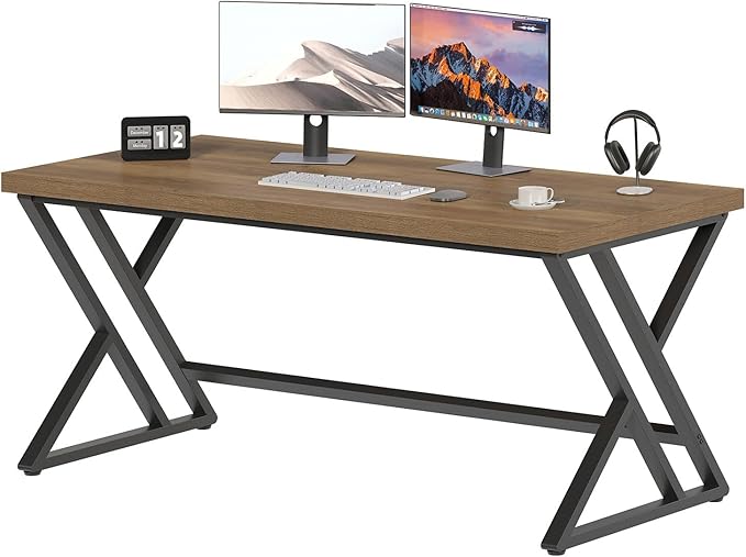 LVB Wood Computer Desk, Rustic Home Office Executive Desk for Bedroom, Industrial Wooden Computer Writing Study Work Gaming Table, Modern Metal PC Student Simple Desk with Storage, 55 Inch, Rustic Oak
