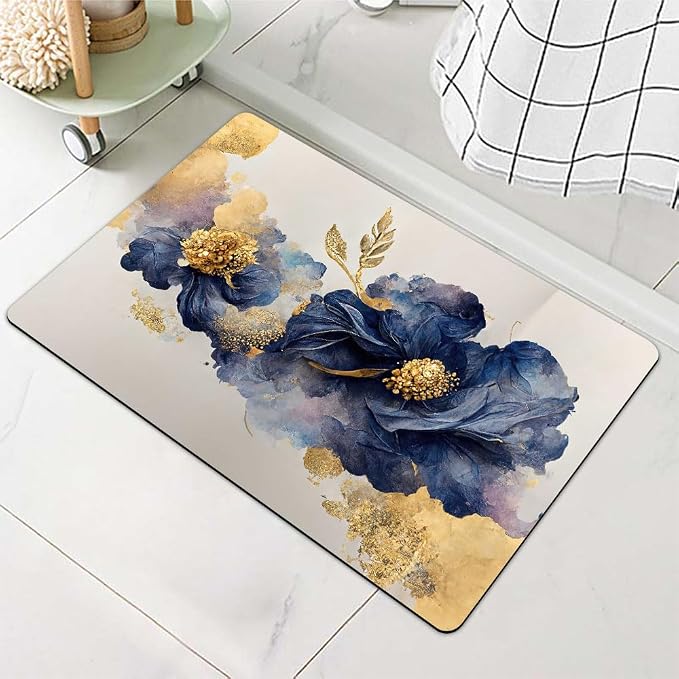 Diatomaceous Earth Bath Mat,Watercolor Flowers Gold and Blue Non-Slip Volume Super Absorbent Fast Drying for Bathroom Kitchen Door mat,Eco-Friendly Easy to Clean 16×24Inch (40 * 60cm)
