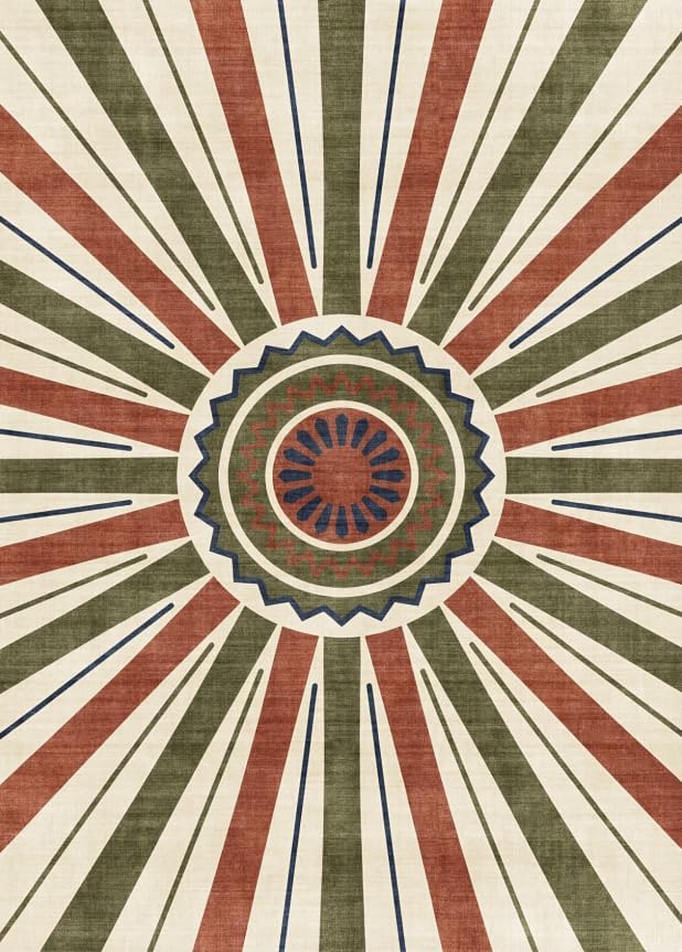 5x7 Retro Sunburst Medallion Area Rug - Non-Slip Washable Low Pile, Rust Red Olive Green Navy Pattern Carpet for Bedroom, Living Room, Dining Area, Home Office