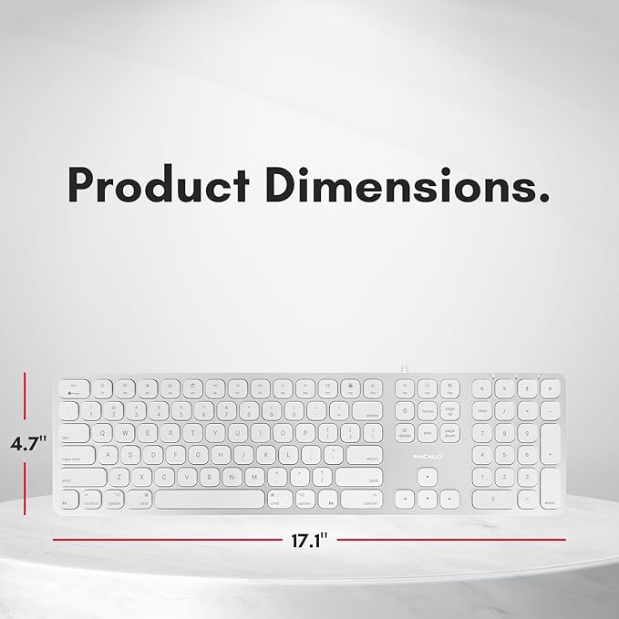 Macally Premium Wired Mac Keyboard with 2 Port Hub - Full Size with Numeric Keypad - Extended USB Keyboard for Mac mini/Pro, iMac, MacBook Pro/Air (Silver Aluminum)